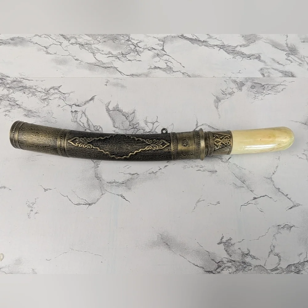 Oriental Looking Knife With Blade Sheath Vintage Marble Looking Handle 9